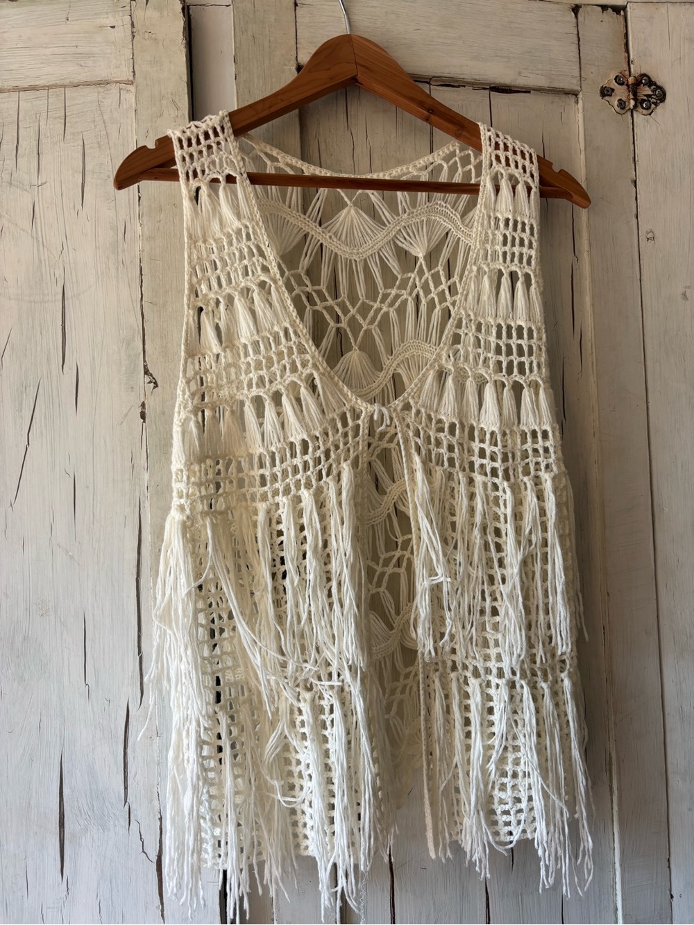 Boho delicate Crochet Fringe Vest in Ivory- tie front